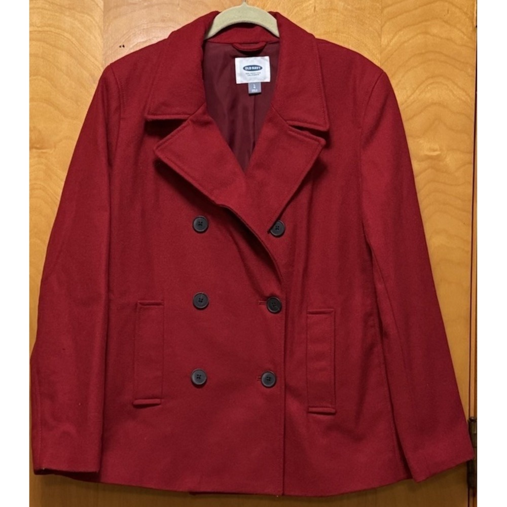 Old Navy Women's Wool Blend Double Breasted Pea Coat Button Front Pockets Red L